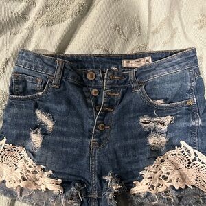 Distressed Denim Shorts with Lace Accents